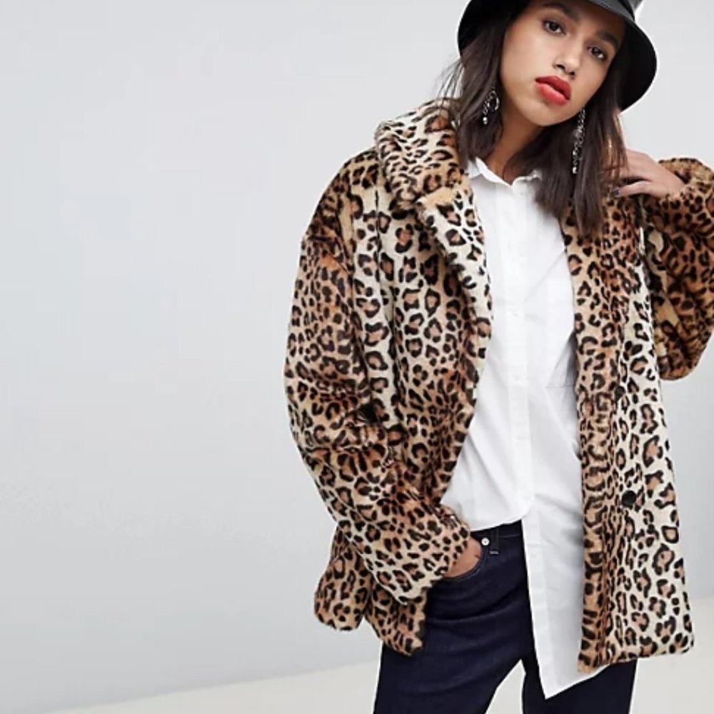 Leopard Double Breasted Faux Fur Coat Jacket